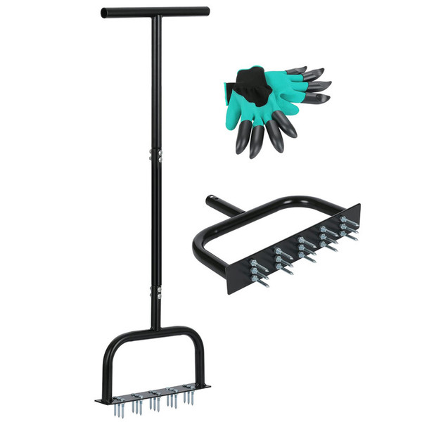 Lawn Aerator Tool Manual Metal Spike Grass Aeration with Dethatching Rake & 15 Iron Spikes for Yard and Garden Compacted Soil Aerator Tool (Black)