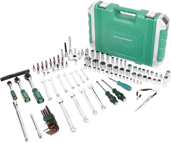 121pcs 1/2" 1/4" 3/8" Socket and Drive Tool Set Mechanics Tools Kit Ratchet Wrench Sockets Set Metric Drive Socket Set, 1/2" 1/4" 3/8" Drive Sizes with Plastic Toolbox