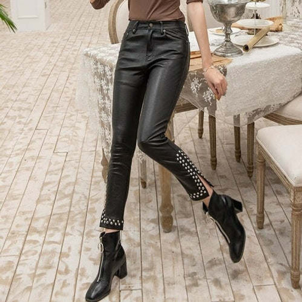 Skinny Sexy Genuine Leather Straight Pants Women Elastic Push Up High