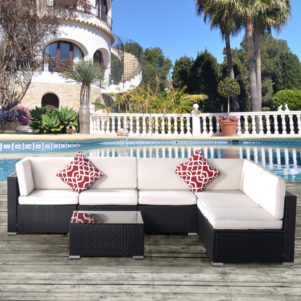 Outdoor Garden Patio Furniture 7-Piece PE Rattan Wicker Sectional Cushioned Sofa Sets with 2 Pillows and Coffee Table