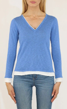 LS V Neck Cotton/Linen Layered Sweater