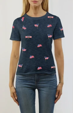 SS Cotton Linen Patriotic Sweater Top-Navy