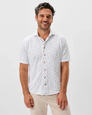 Printed Mesh Short Sleeve Button Down Shirt - Shortboard Print