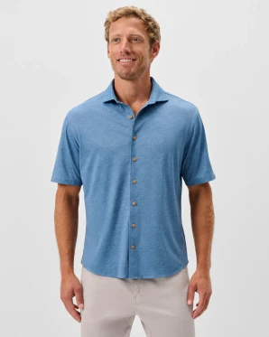 Printed Mesh Short Sleeve Button Down Shirt - Breck Printed Solid Knit