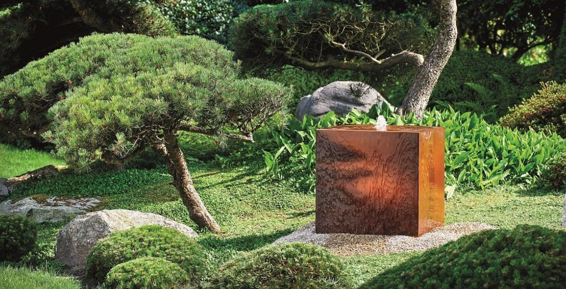 corten cube water feature 