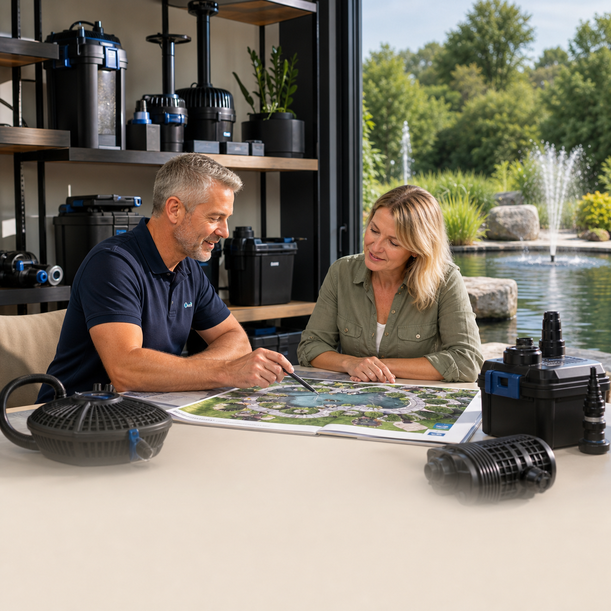 Pond specialist advising a customer on pond equipment