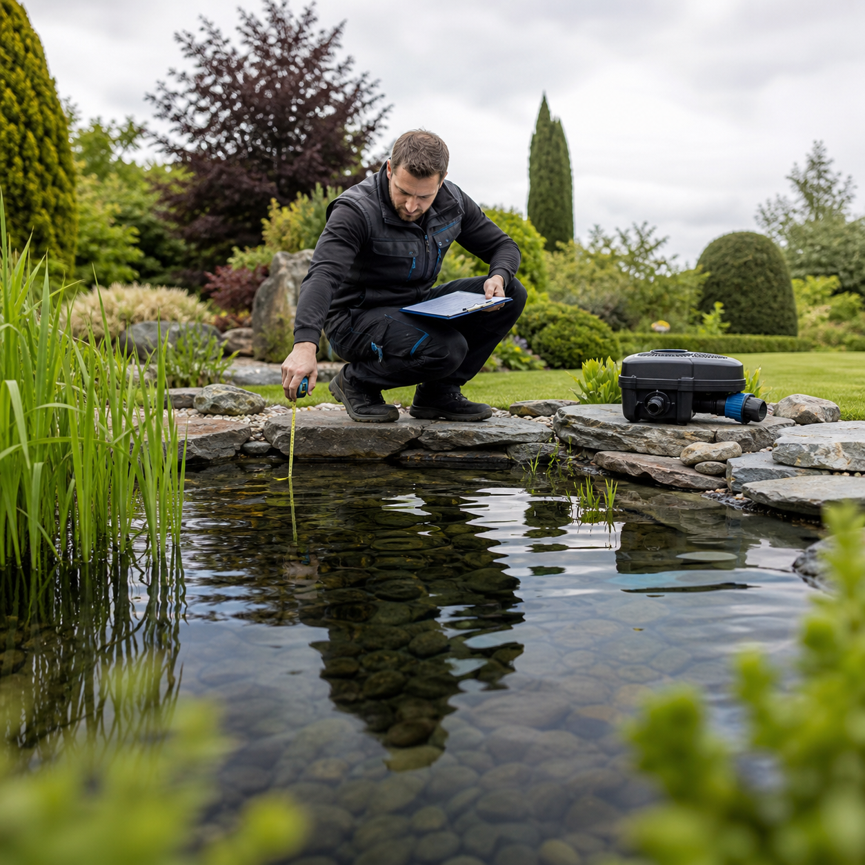 Pond specialist measuring a garden pond for volume and liner size