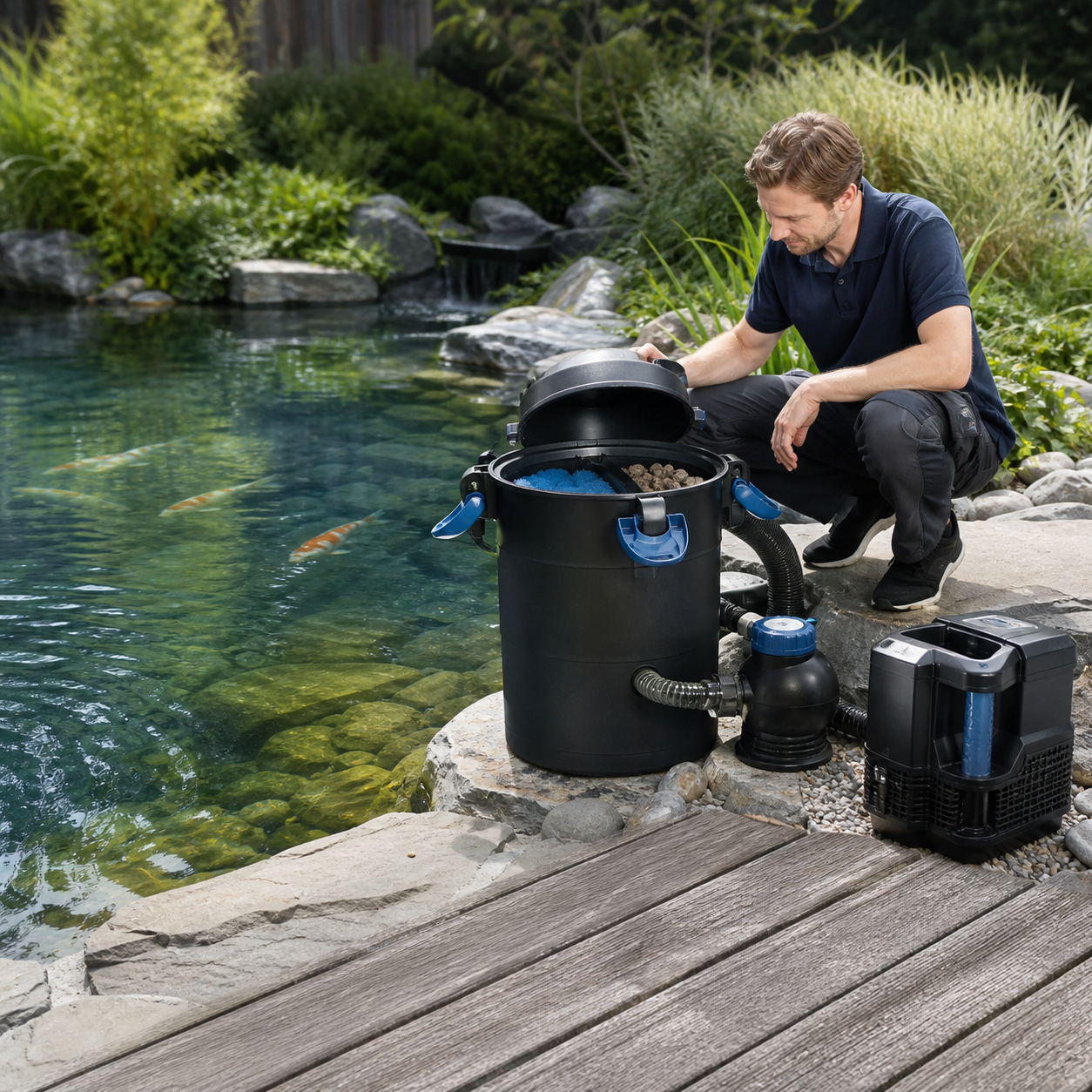 Pond specialist inspecting a pond filtration system