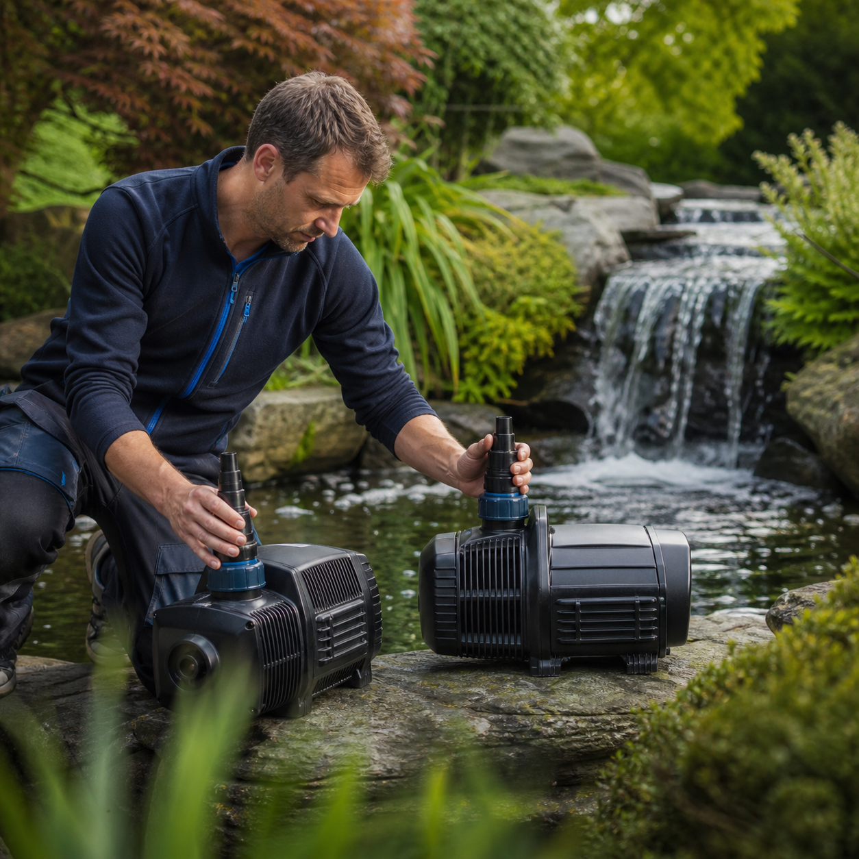 Pond specialist comparing pond pumps beside a waterfall