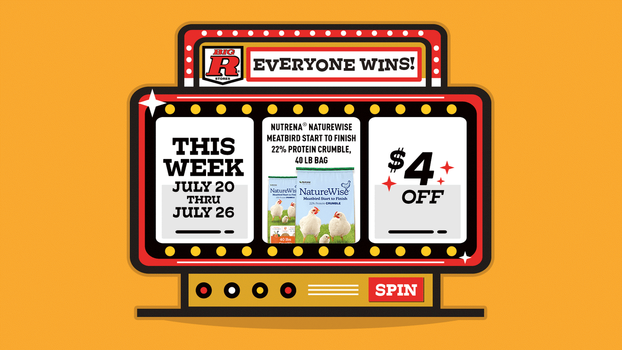 Everyone Wins" spin wheel promo for $4 off Nutrena NatureWise Meatbird feed, July 20-26