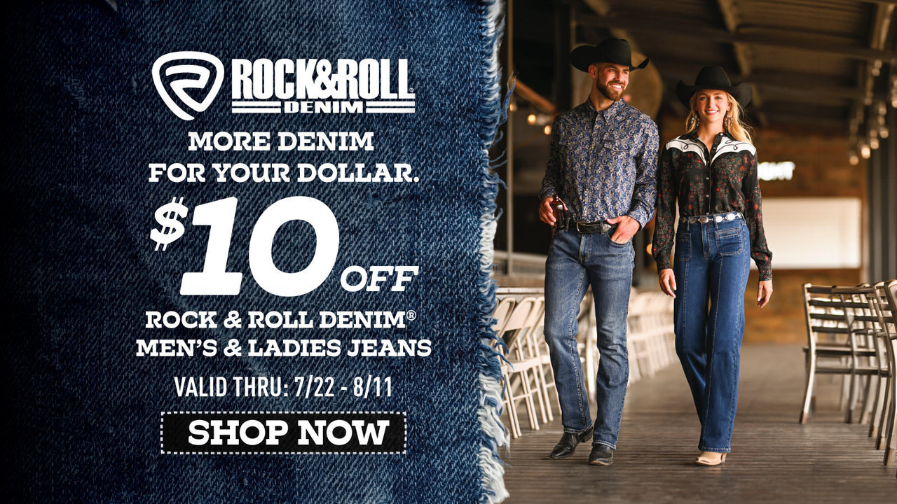 Rock & Roll Denim promotion: $10 off men's and ladies jeans, valid 7/22–8/11. Man and woman in western wear walking down a barn aisle.