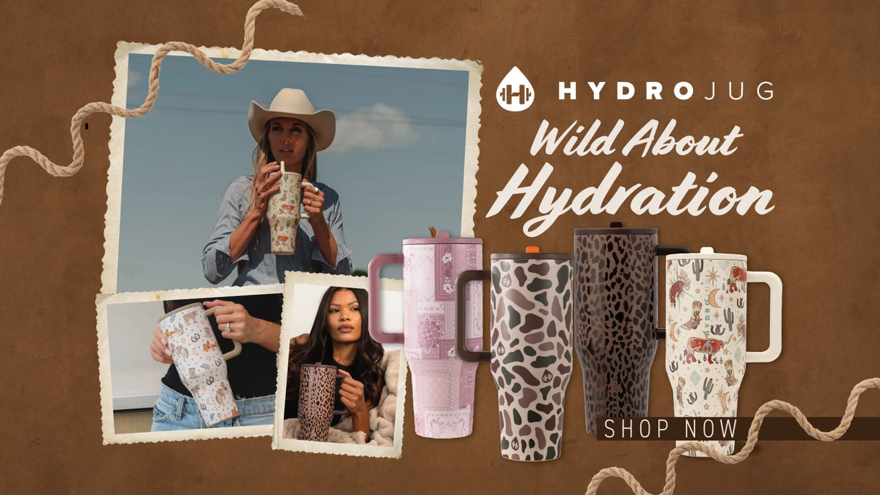 Click here to shop HydroJug tumblers. Wild about hydration. Featuring western-inspired prints including cow print, leopard, and desert designs.