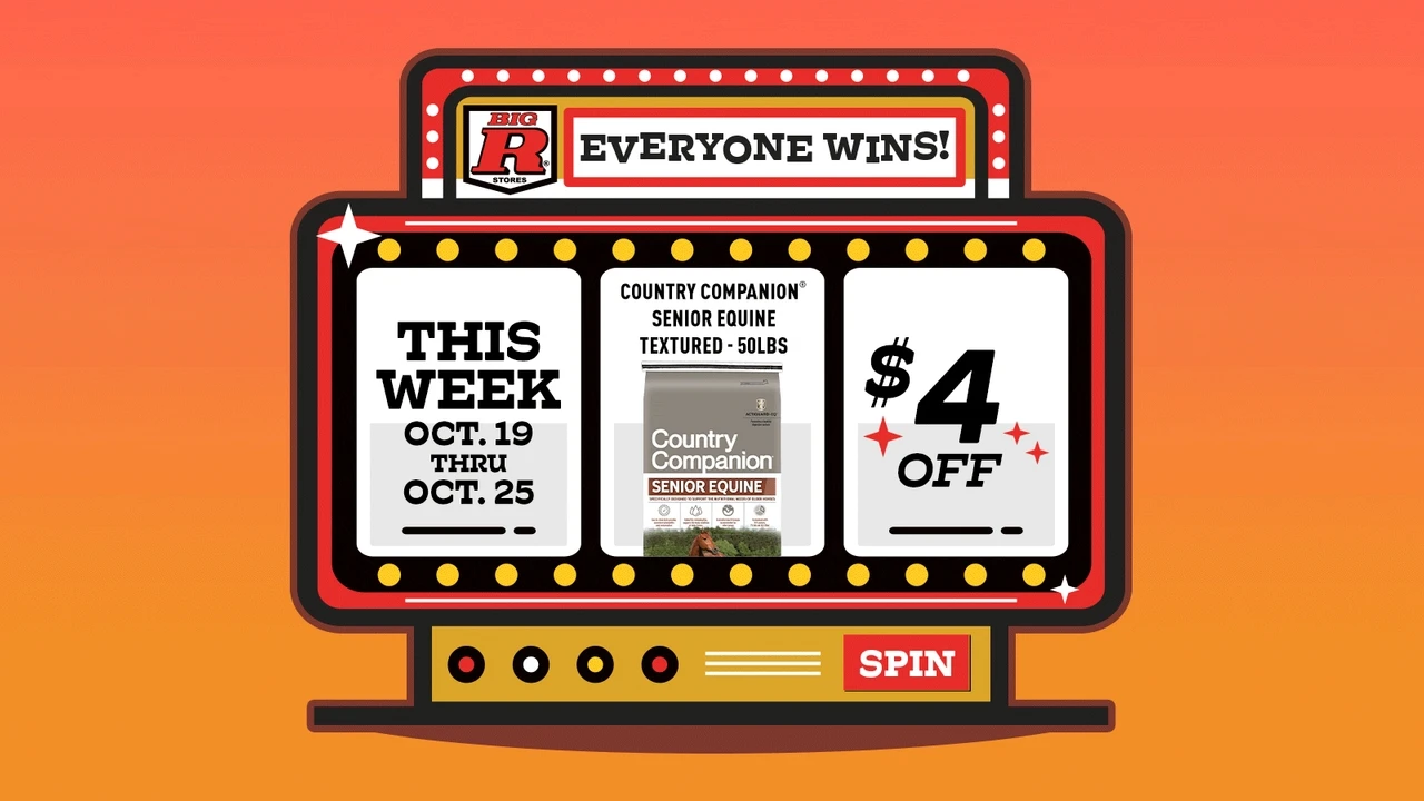 Click here for this week’s Big R deal: $4 off Country Companion Senior Equine Textured horse feed, 50-pound bag. October 19–25.