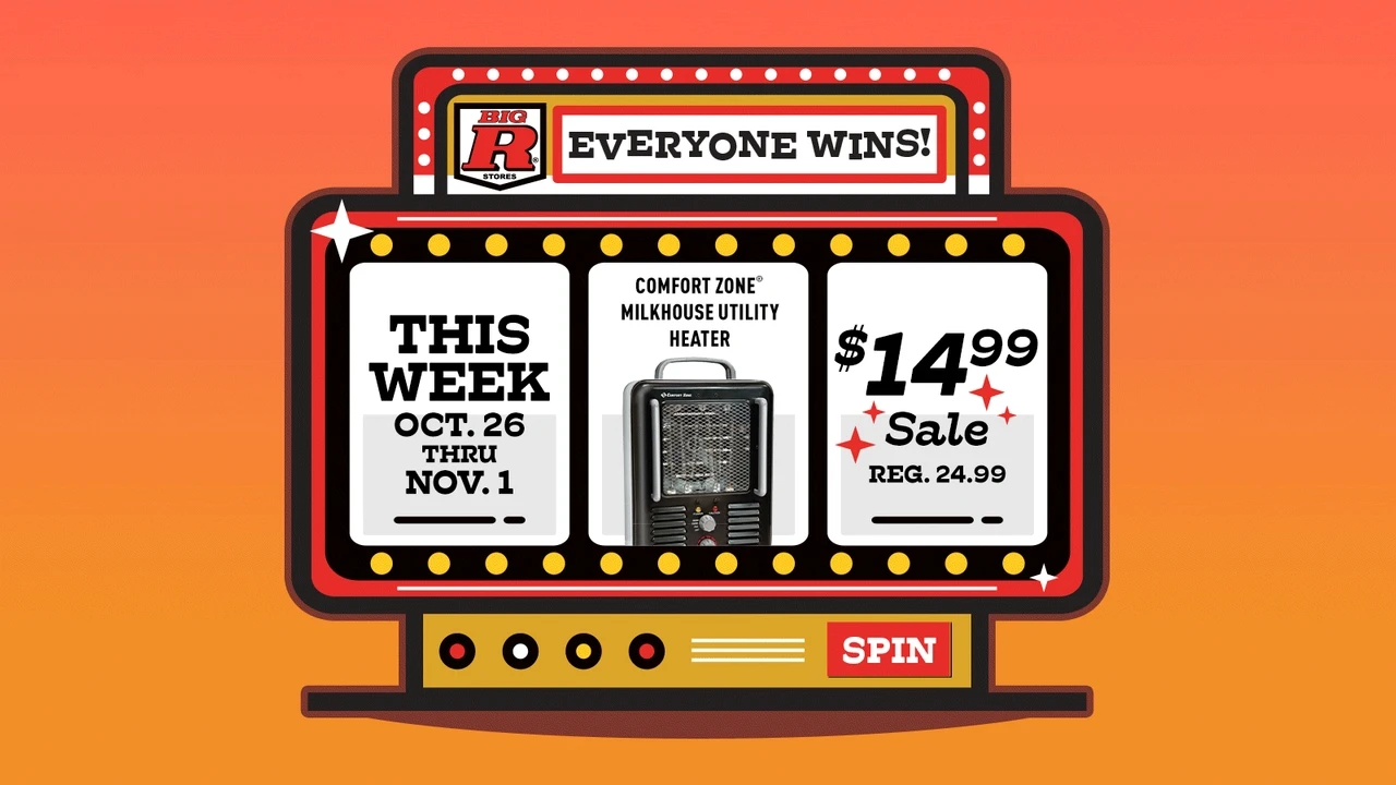 Click here for this week’s Big R deal: Comfort Zone milkhouse utility heater, on sale for $14.99, regularly $24.99. October 26 – November 1.