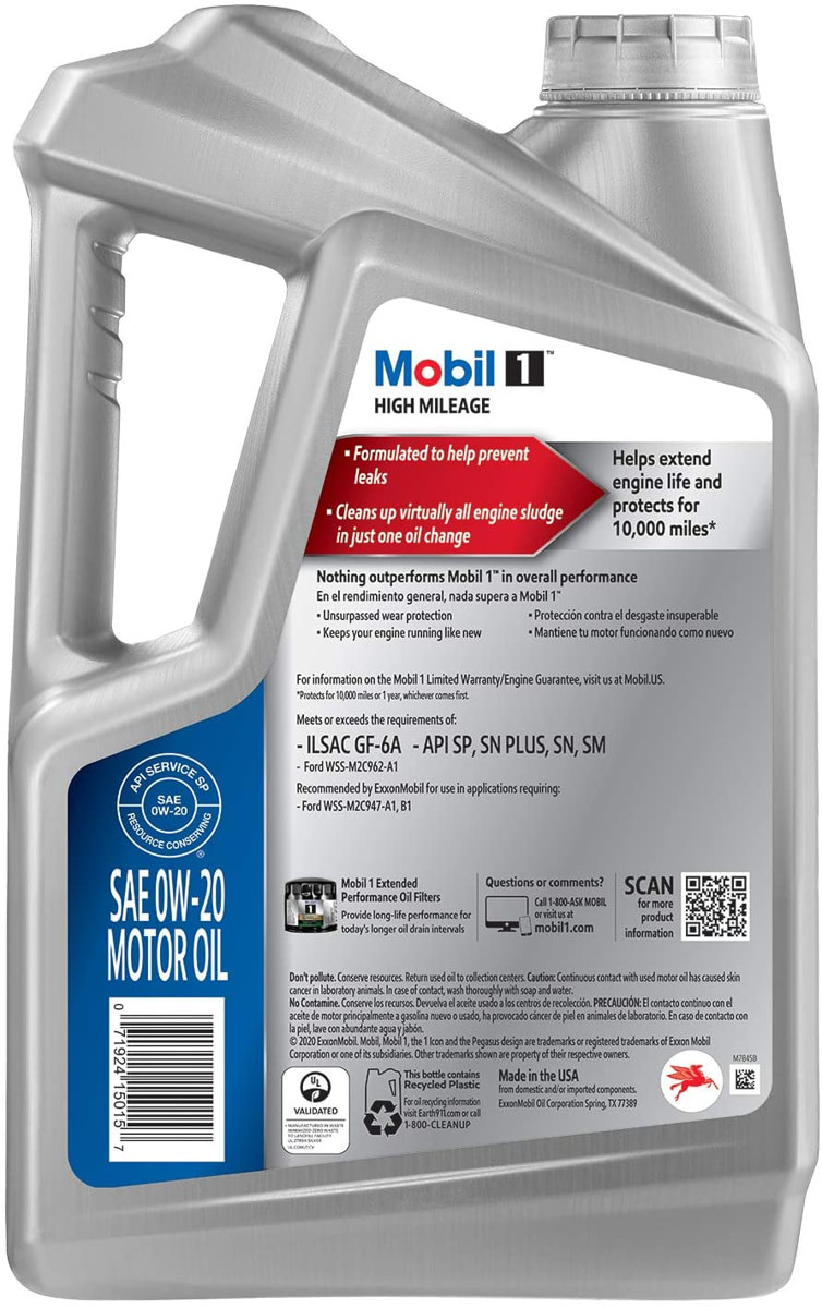 Mobil 1 High Mileage Full Synthetic Motor Oil 0W-20 5 Quart Jug