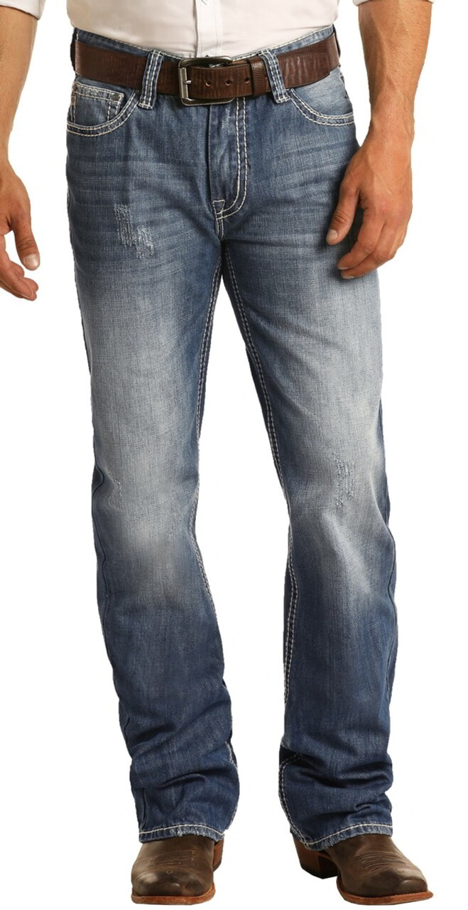 ロックンロール Men's Slim Fit Tri-Color Stitch Straight Leg Jeans | Rock