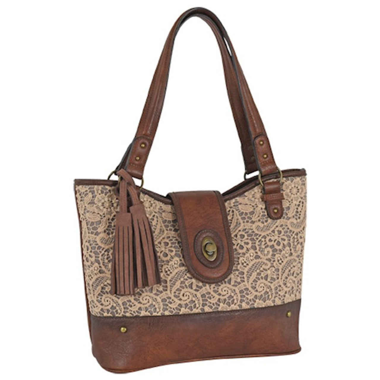 Trenditions Justin Burnished Brown w/Lace Overlay Tote Bag