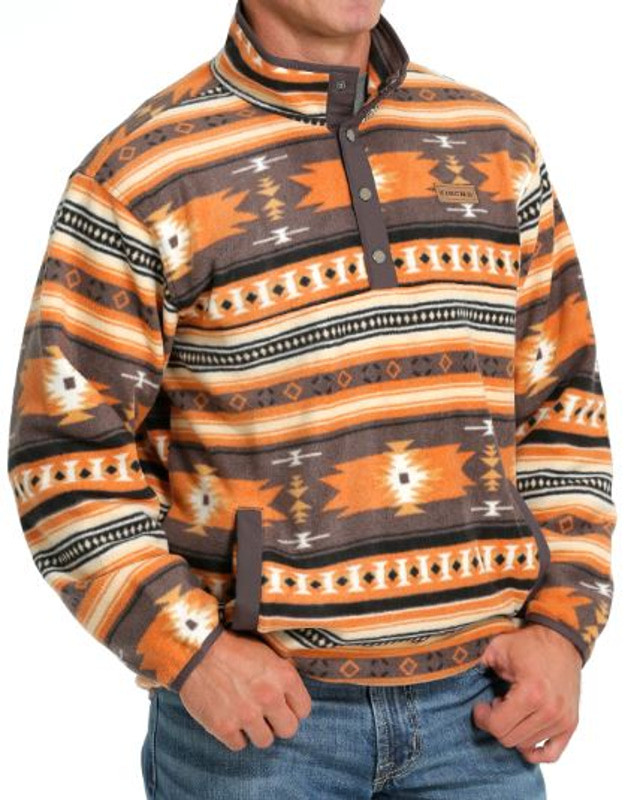 Cinch Men's Gray/Orange Aztec Printed Polar Fleece Pullover