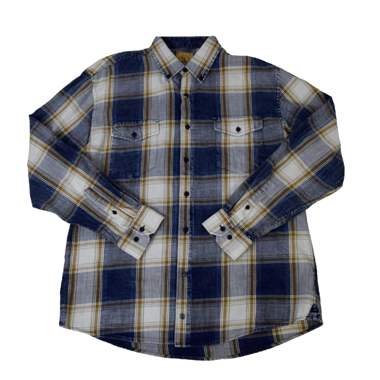 Gunnison Creek Men's Navy/Gold Washed Plaid Long Sleeve Snap Shirt