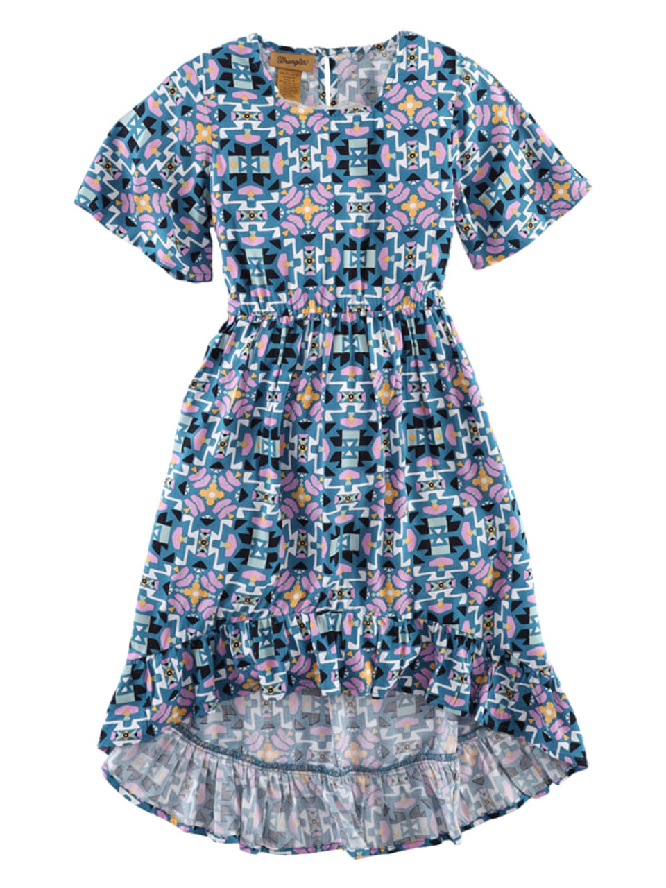 Wrangler Girl's Short Sleeve Dress in Teal Aztec Print