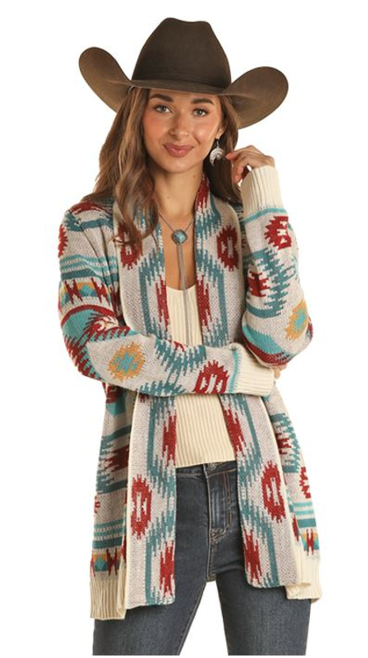 Rock & Roll Cowgirl Women's Cream Aztec Print Long Sleeve Cardigan