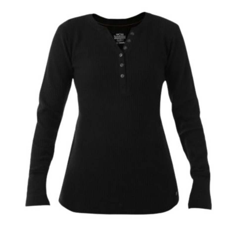Noble Outfitters Womens Black Henley Tug-Free Long Sleeve Shirt
