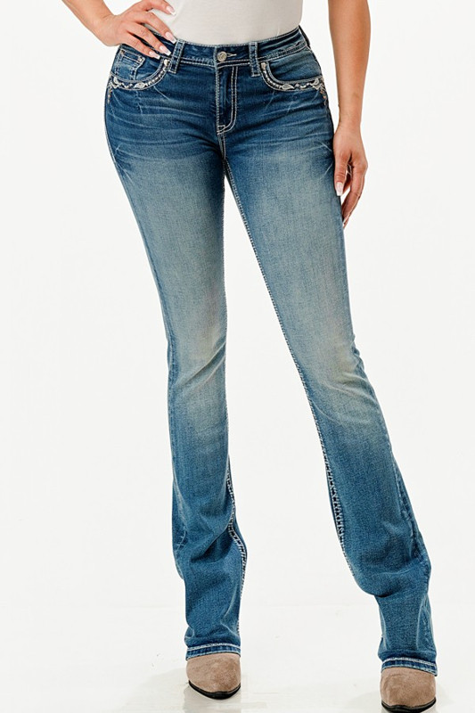 Grace in LA Ladies Dream Catcher Embellished Mid Rise Medium Wash