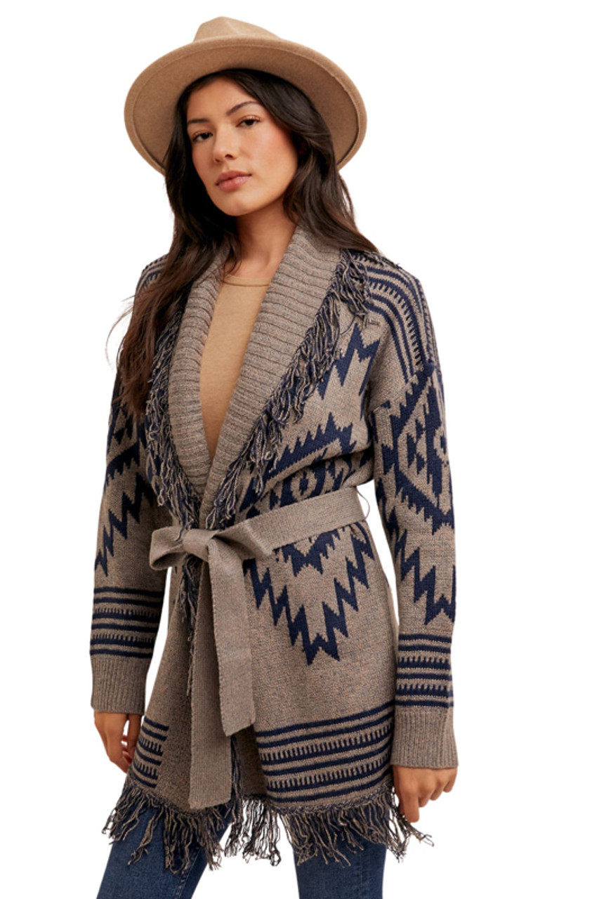 Hem & Thread Women's Navy & Grey Fringe Shawl Collar Ethnic