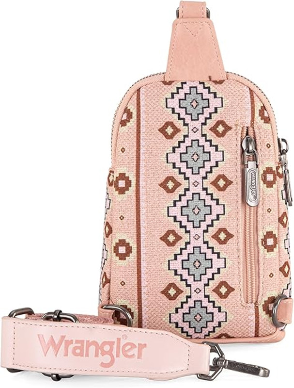 Wrangler Pink Southwestern All-over Aztec Print Sling Chest Bag display picture 1