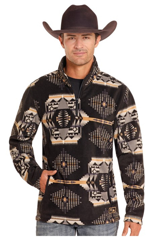 Rock Roll Cowboy Men's Black Aztec Printed Fleece 1/4 Zip Pullover
