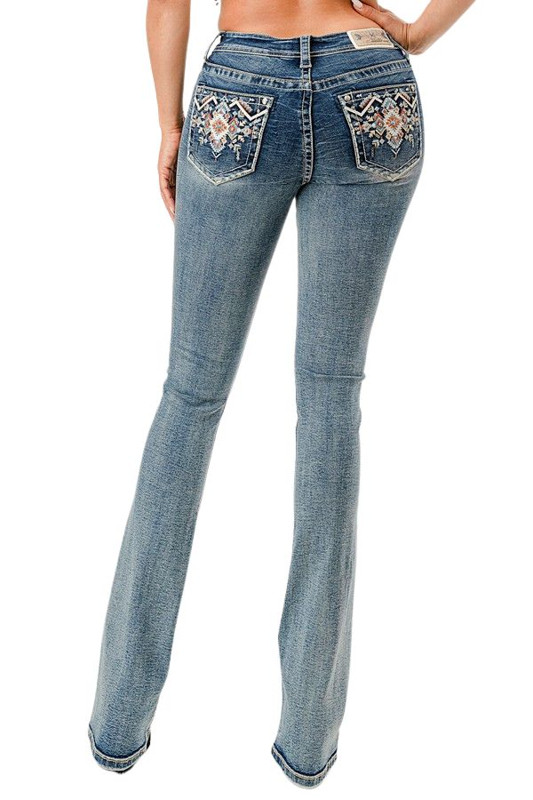grace in la coral aztec embellished pocket light wash denim bootcut jeans