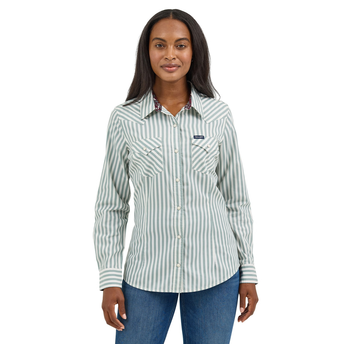 Wrangler Womens Retro Green Stripe Button Long Sleeve Shirt