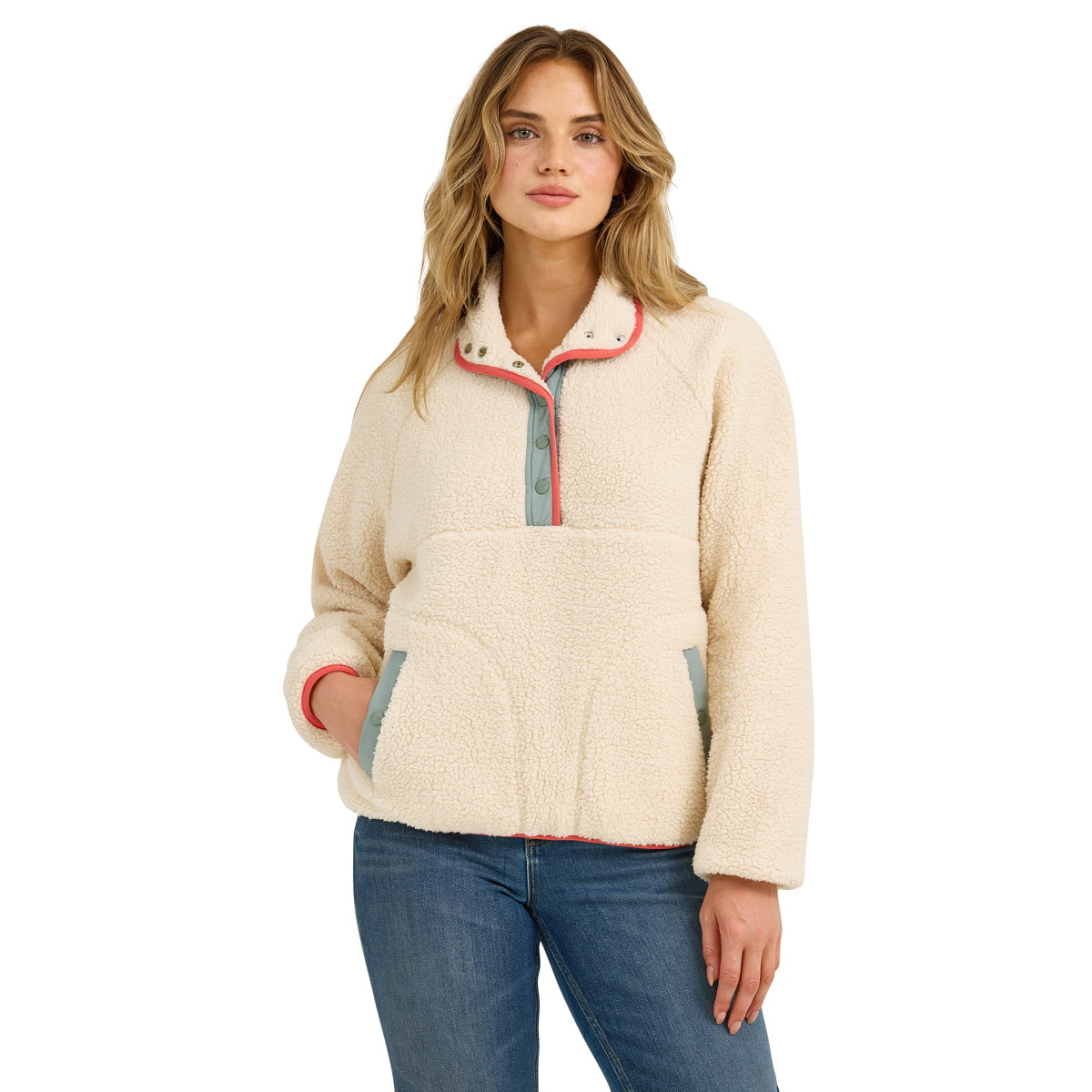 Wrangler Womens White Retro Half-Snap Sherpa Pullover