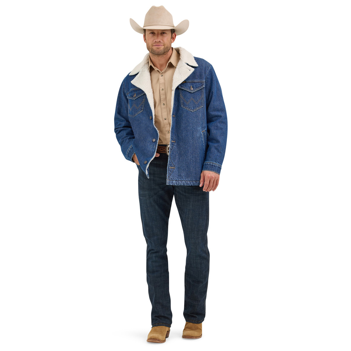 Wrangler Mens Medium Wash Western Sherpa Lined Denim Range Jacke