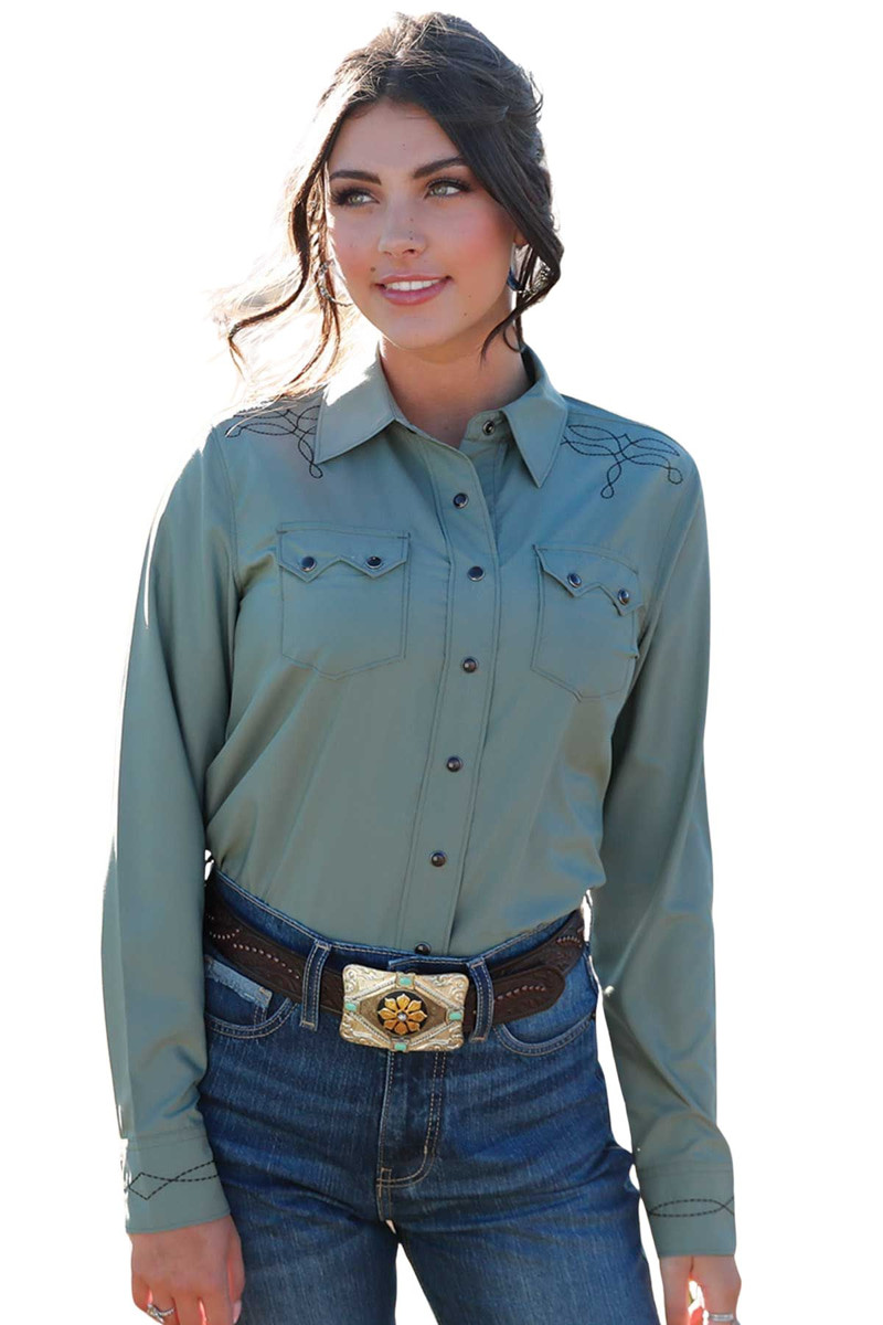 Cruel Girl Women's Solid Green Classic Fit Satin Snap Front Long Sleeve Western Shirt