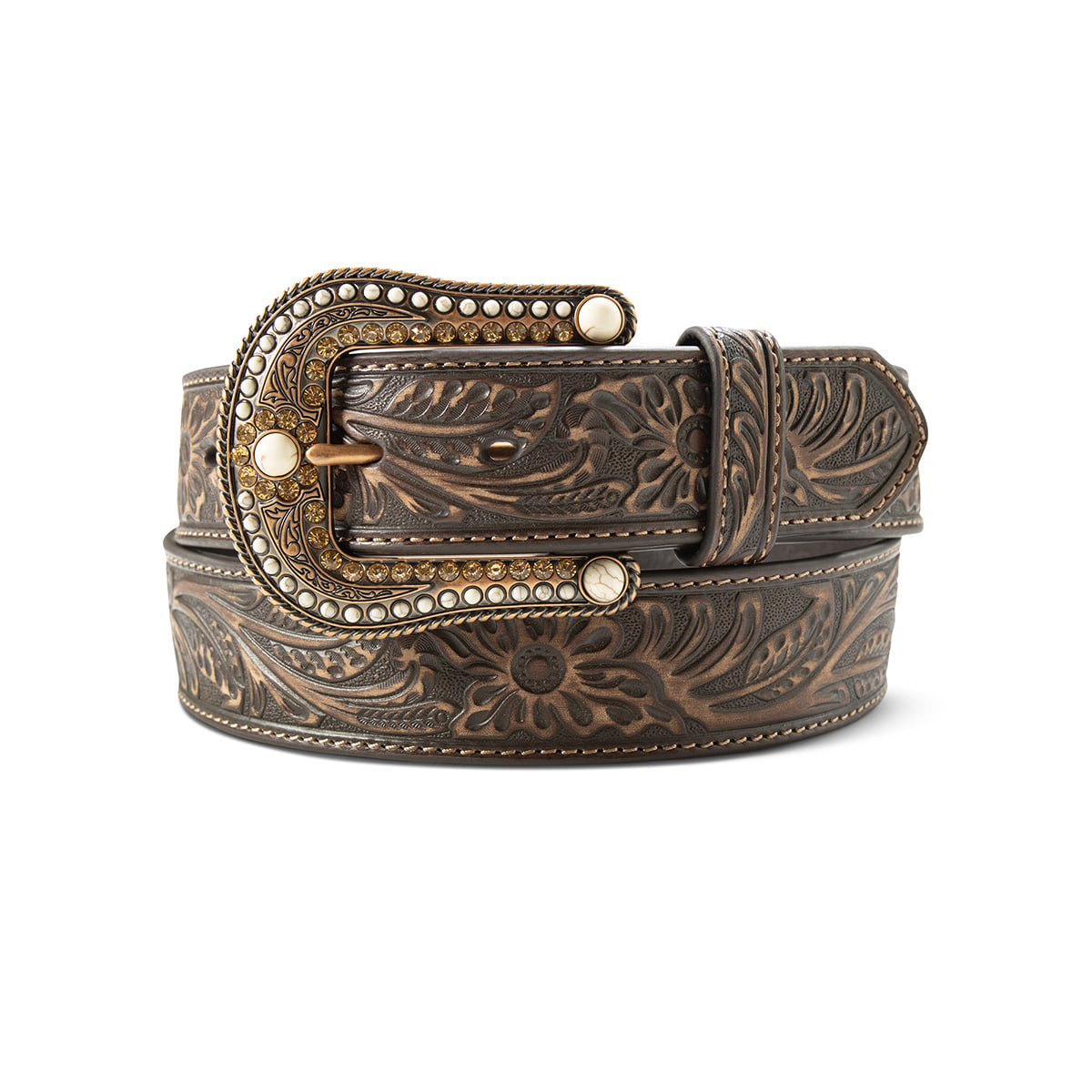 Antique Floral Engraved Western Buckle Ranger Star Conchos  Antiqued Buckle Leather Belt - Floral Embossed display picture 1