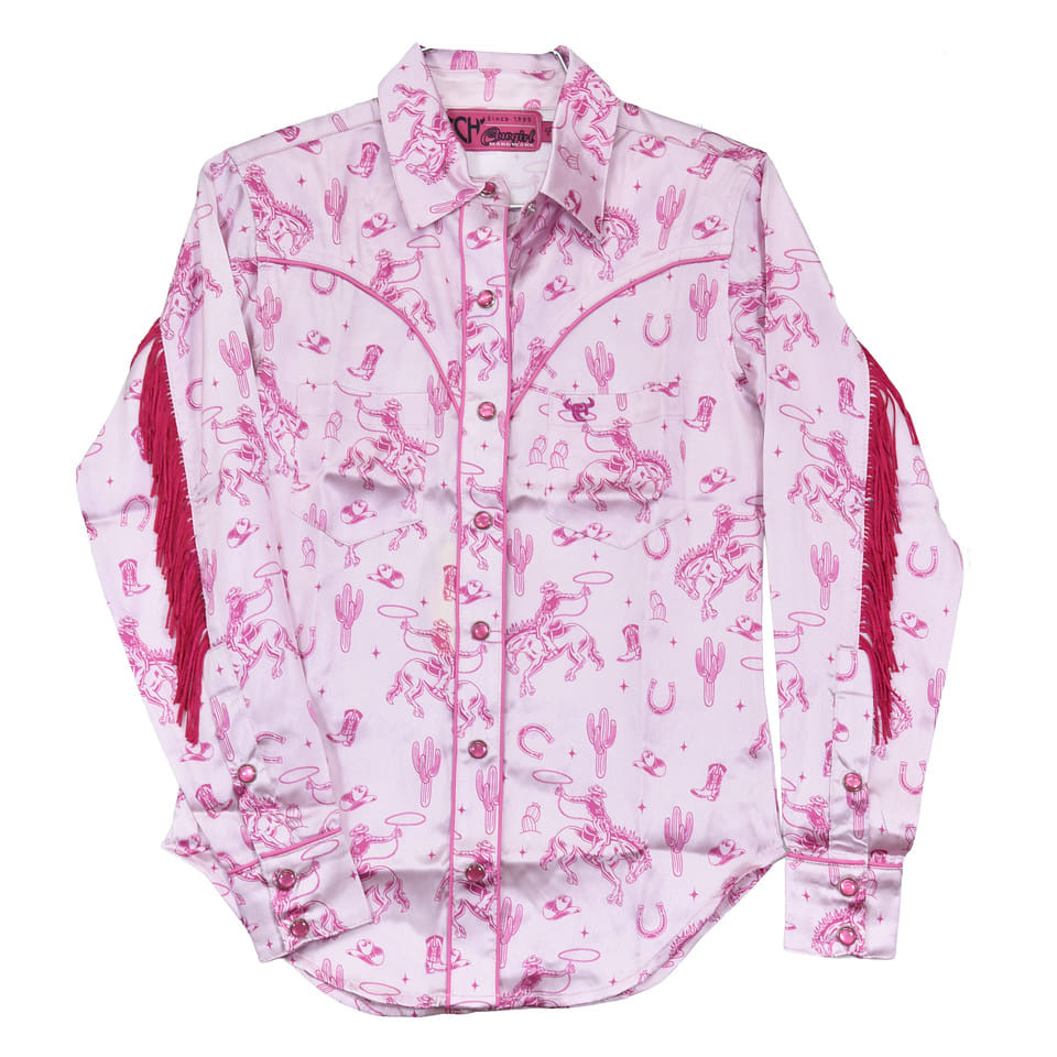 Cowboy Hardware Girls Pink Buck N' Boots Fringe Long Sleeve Snap Shirt