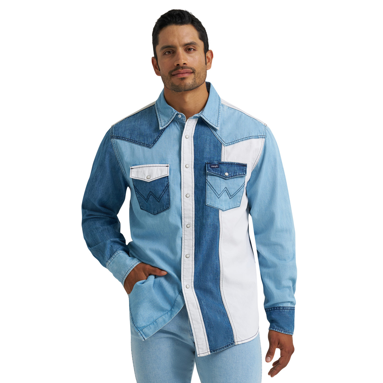 Wrangler Mens Blue Denim Color Block Long Sleeve Western Shirt Wrangler Mens Blue Denim Color Block Long Sleeve Western Shirt