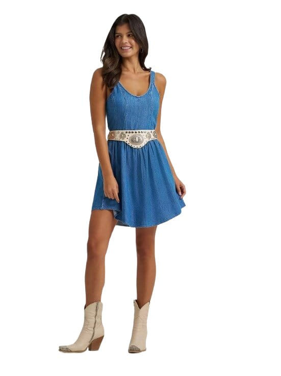denim swing dress Short Sleeve line silhouette with a shirred waist that adds gentle shape Maeve Emmy Short-Sleeve Denim Swing