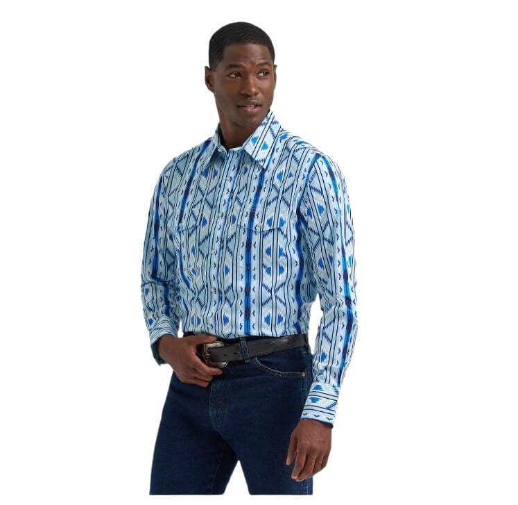Wrangler Mens Icy Blue Checotah Print Long Sleeve Western Snap Shirt