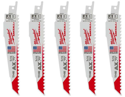 Milwaukee 6in. AX Nail Embedded Wood Cutting Sawzall Reciprocating Saw Blades - 5 Pack