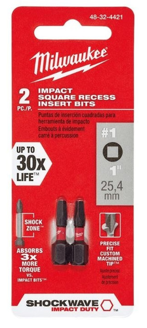 Milwaukee Shockwave Impact Square Recess #1 Insert Bits - 2 Pack