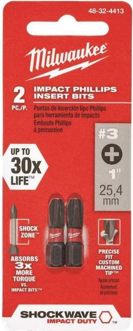 Milwaukee #3 Shockwave Phillips Insert Bits - 2 Pack