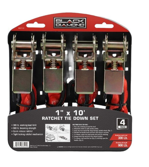 Black Diamond Ratchet Tie Down Straps 1 in x 10 ft - 4 Pack 900 lb