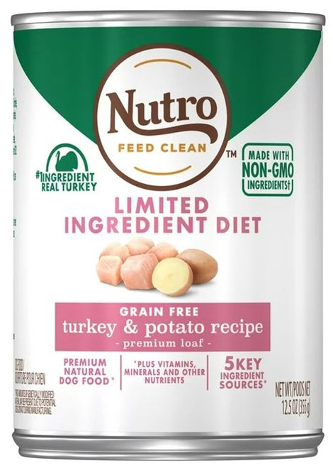 NUTRO Limited Ingredient Diet Adult Canned Soft Wet Dog Food Premium Loaf Turkey & Potato Recipe - 12.5 oz Can