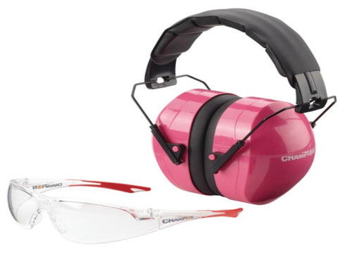 Champion Eyes And Ears Combination Package Of Pink Passive Muffs And Ballistic Rated Clear Lens Shooting Glasses