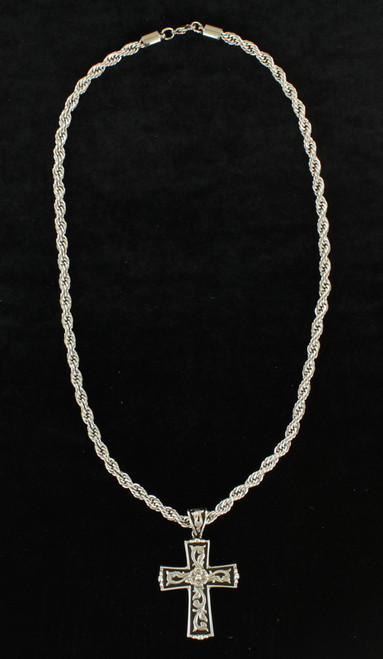 M&F - Twister Mens Silver & Black With Floral Scroll Cross Necklace