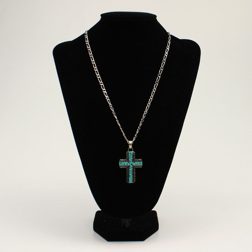 Silver Strike Mens Silver Cross Pendant with Turquoise Inlay Necklace