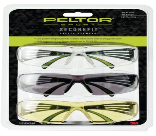 Peltor Sport Secure Fit 400 Eye Protection - 3 Pack: Clear - Amber and Grey Lenses - Anti Fog