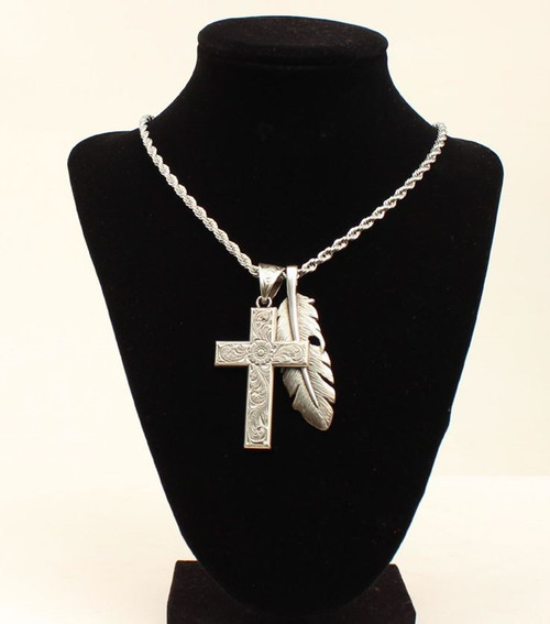 M&F Mens Cross & Feather Twister Necklace